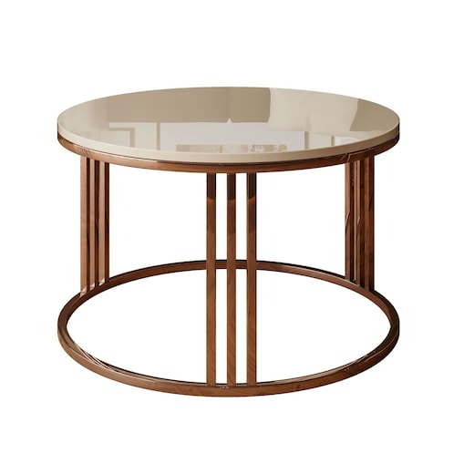 Okrągły stolik kawowy LORI połysk z miedzianym stelażem, kaszmir połysk