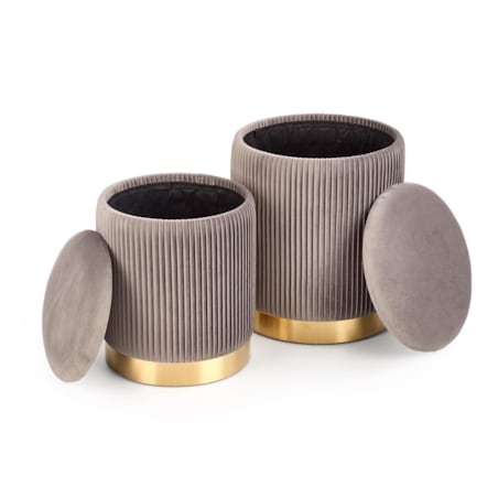 Zestaw 2 PUFY ZE SCHOWKIEM Goltra szare ZŁOTA PODSTAWA