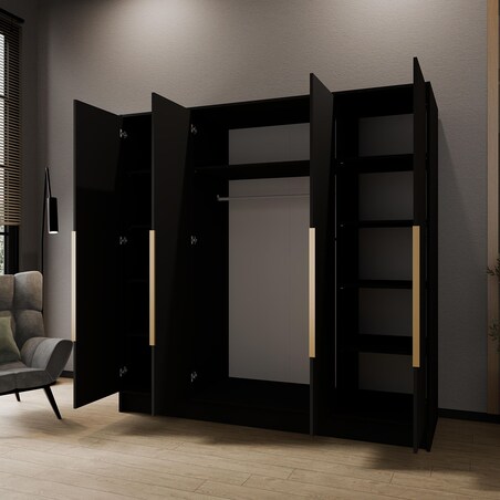 Szafa 200 gładka ORTO bez lustra ze złotymi uchwytami, czarna