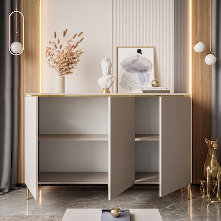 Komoda AURORA 3D Kaschmir 140x95x40 cm - mat, płyta laminowana, złote/chromowane nogi