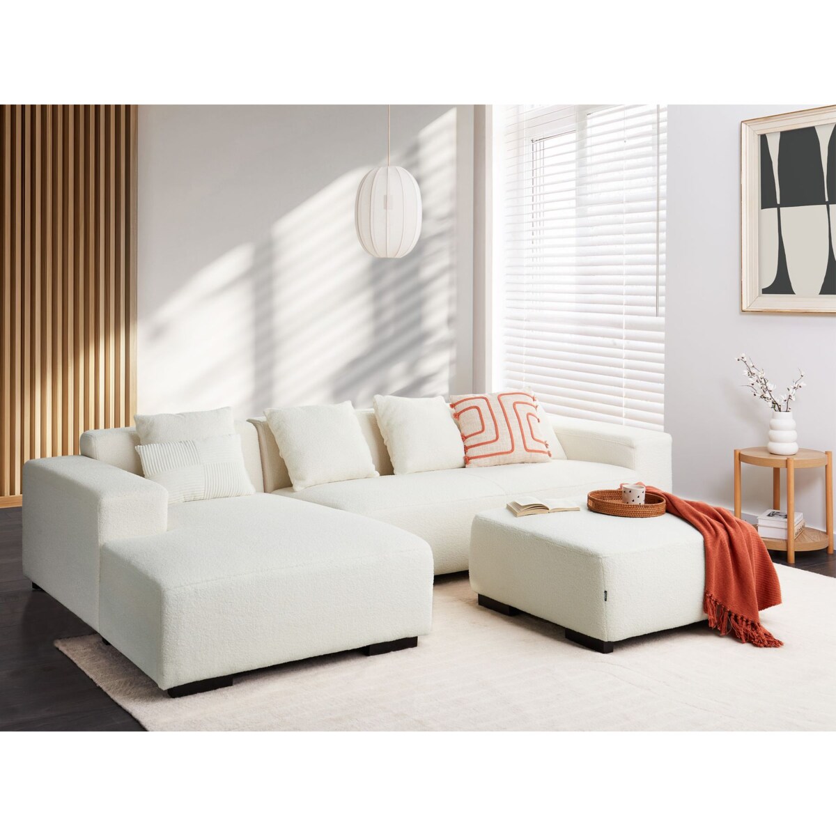 Sofa narożna z otomaną LUNGO Boucle Biały dla 4 osób Prawostronny