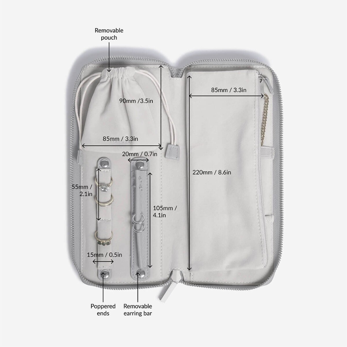 Pudełko podróżne na biżuterię z miejscem na pierścionki Stackers kamienna szarość