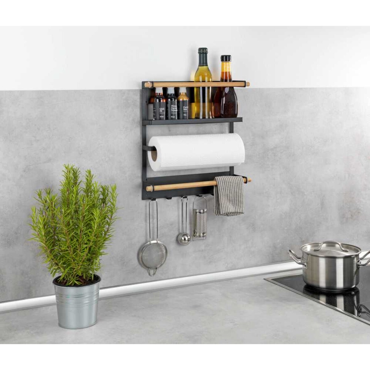 Wielofunkcyjna półka kuchenna MAGNA z uchwytem na ręcznik papierowy i haczykami, montaż bez wiercenia, WENKO