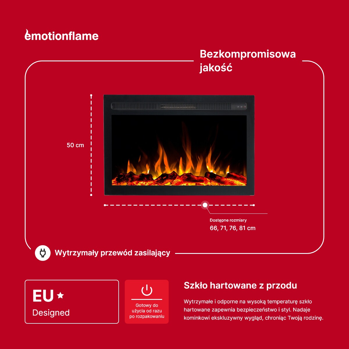 Wkład elektryczny Emotion Flame Infinity - do zabudowy - 81x14x50 cm - kominek LED 750/1500 W