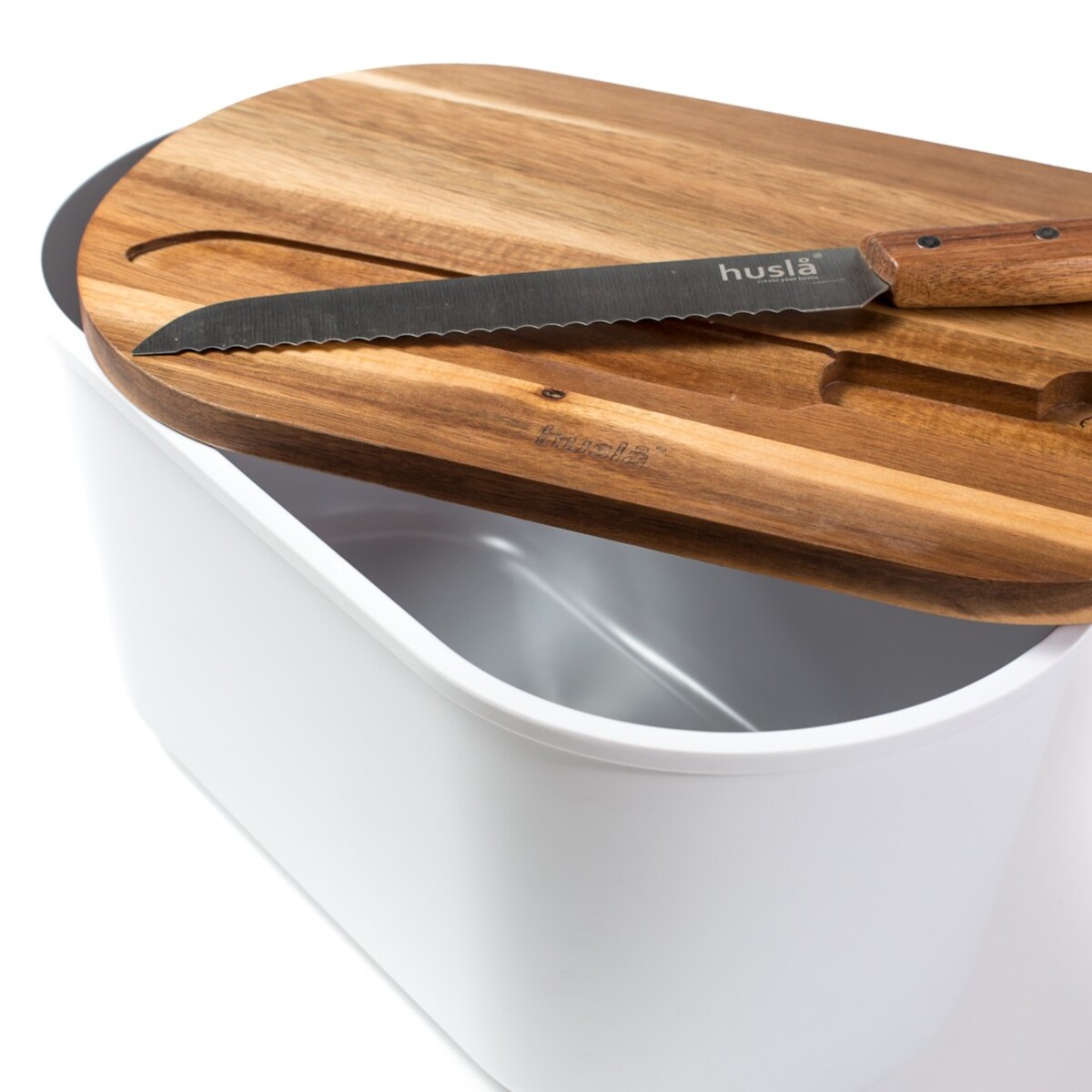 Plastikowy chlebak z deską do krojenia oraz nożem HUSLA