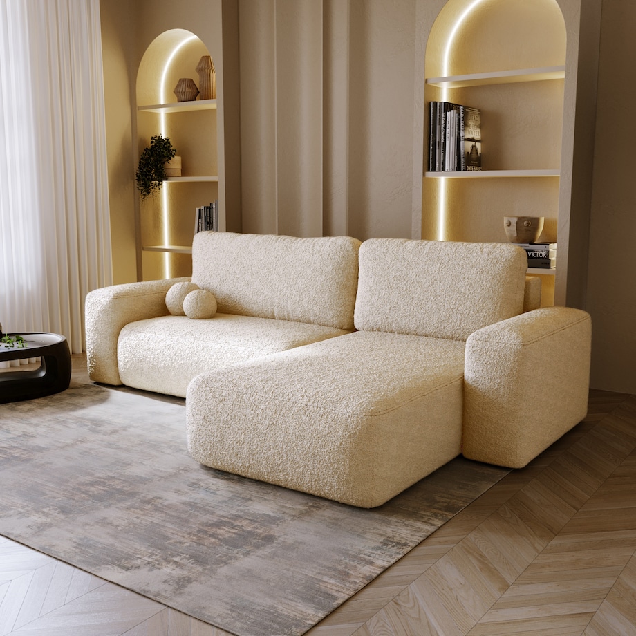 Narożnik Prawy ILO z funkcją spania i pojemnikiem na pościel, śmietankowy