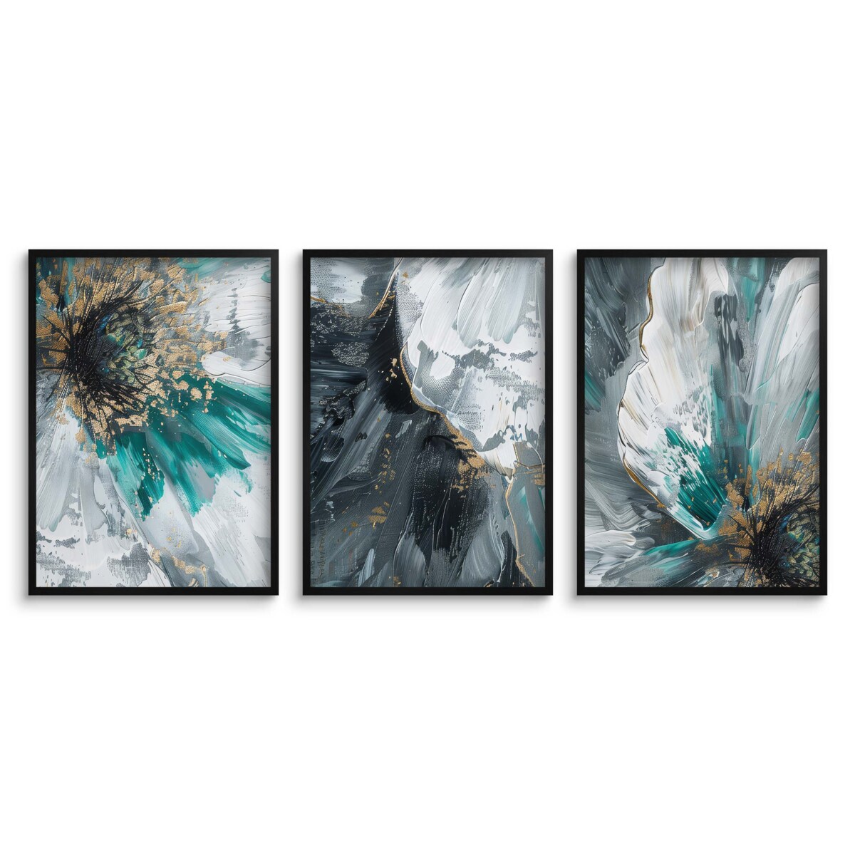 Komplet Plakatów na ścianę Obrazy ścienne do salonu Złote Kwiaty Akwarela