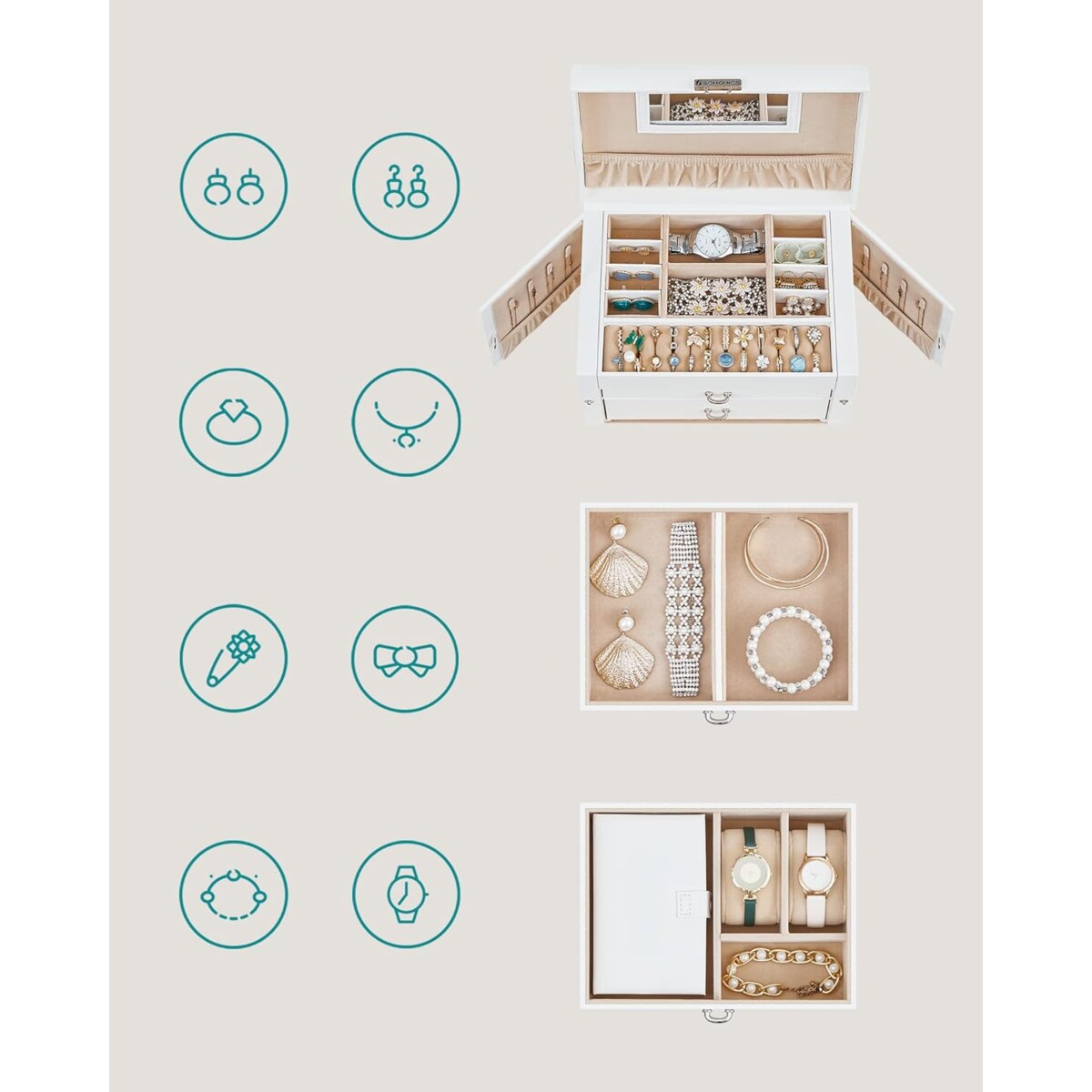 Kasetka Szkatulka Kuferek Na Biżuterię Zegarek Biały