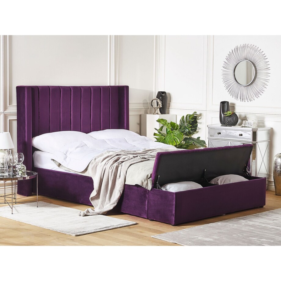 Łóżko welurowe z ławką 140 x 200 cm fioletowe NOYERS
