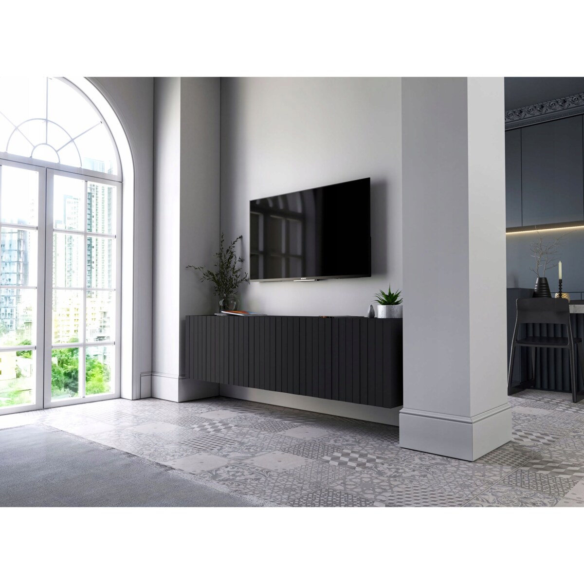 Wisząca Szafka RTV Glamour Komoda RTV Czarny Mat 150 cm