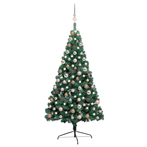 vidaXL Choinka z lampkami i bombkami, połówka, zielona, 150 cm