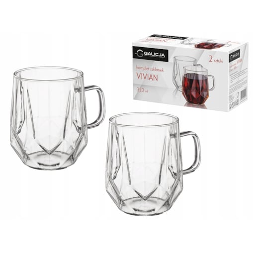 2x NOWOCZESNY KOMPLET SZKLANEK DO KAWY HERBATY Z UCHEM ZESTAW 320 ml box