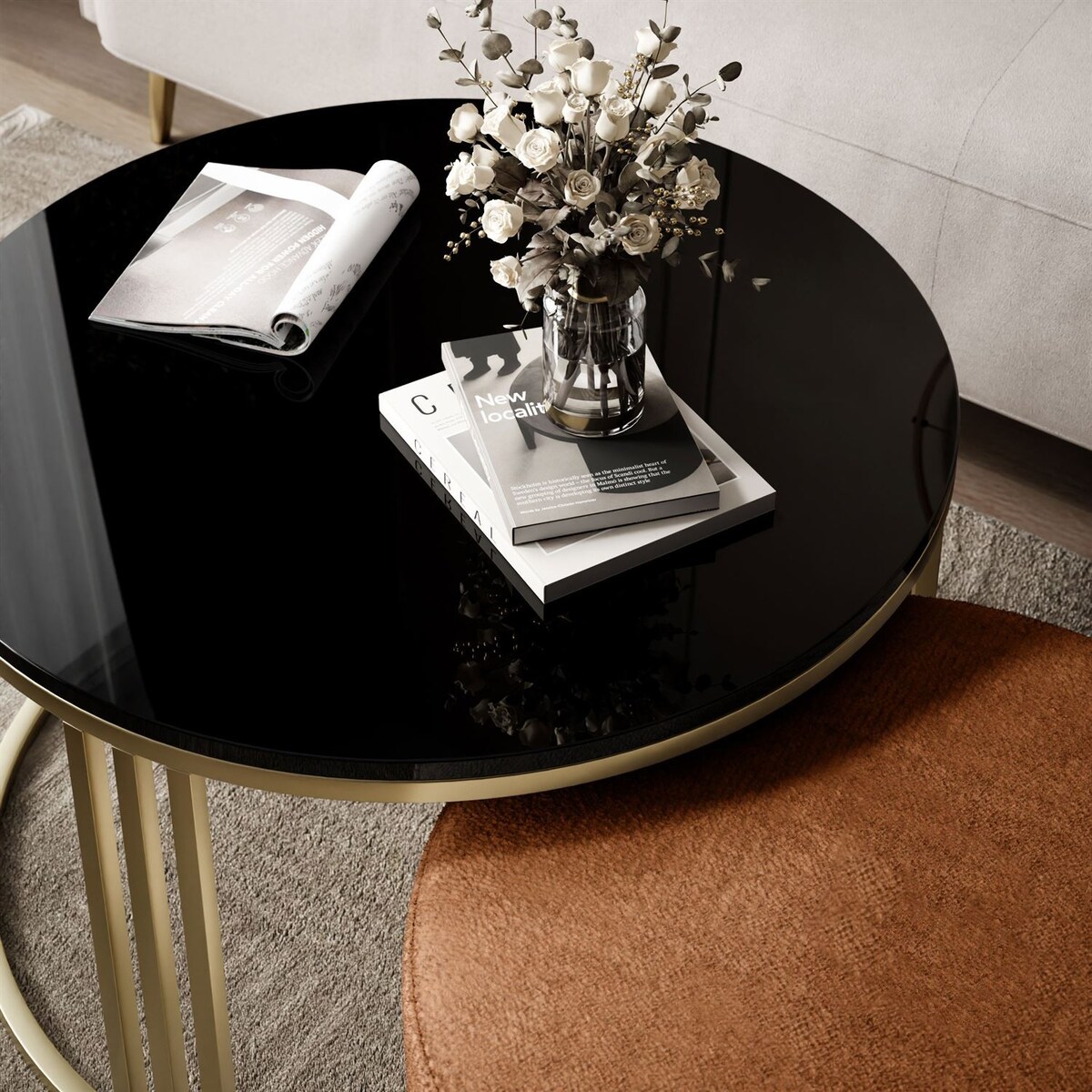 Stolik kawowy z pufą LORI POŁYSK złoto szczotkowane, czarny / Perfect Harmony 52