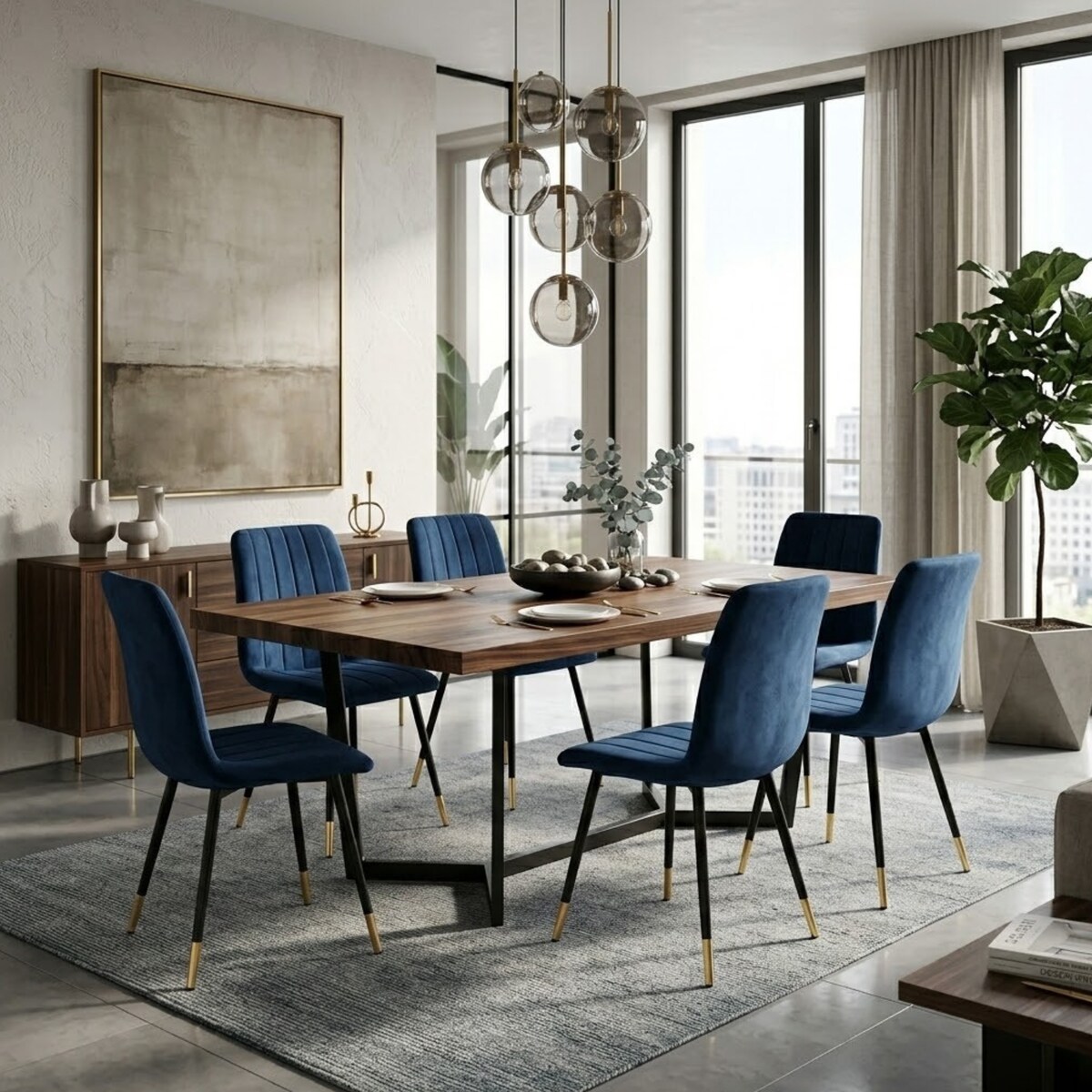 Krzesło do jadalni i salonu granatowy welur – nowoczesne krzesło na czarnych nogach