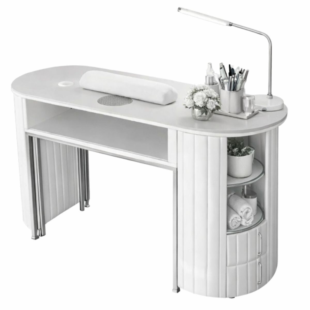 Biurko kosmetyczne z otworem na pochłaniacz biało-srebrne owalne 140 x 45 x 78 AFINIS