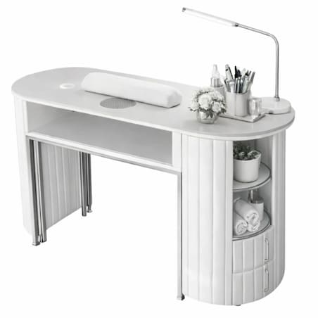 Biurko kosmetyczne z otworem na pochłaniacz biało-srebrne owalne 140 x 45 x 78 AFINIS