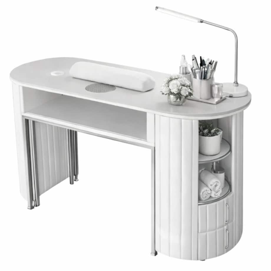 Biurko kosmetyczne z otworem na pochłaniacz biało-srebrne owalne 140 x 45 x 78 AFINIS