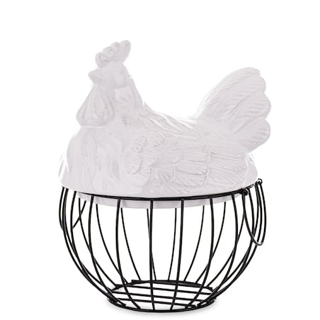 Dekoracja - figurka biała KURA I druciany KOSZYK 27x21x21 cm