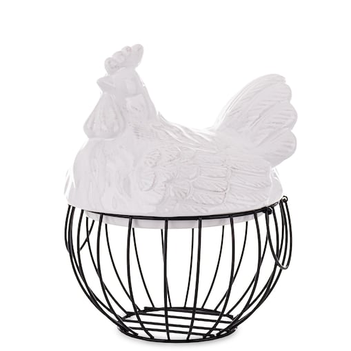 Dekoracja - figurka biała KURA I druciany KOSZYK 27x21x21 cm