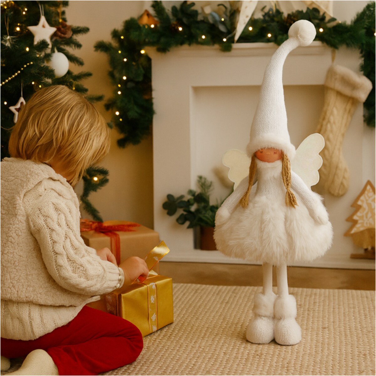 Aniołek Figurka Stojący 50 Cm Świąteczny Boże Narodzenie Biała Czapka