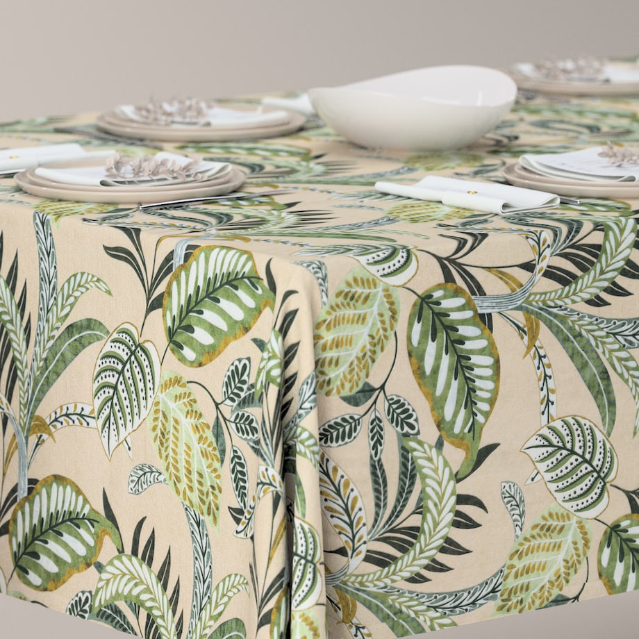 Obrus prostokątny 130 x 210 cm oliwkowo-zielone liście na lnianym tle