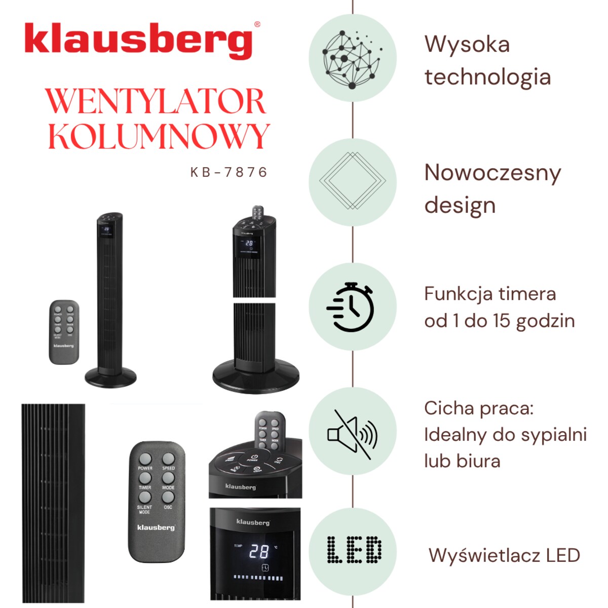 Wentylator kolumnowy podłogowy z pilotem 55W KLAUSBERG