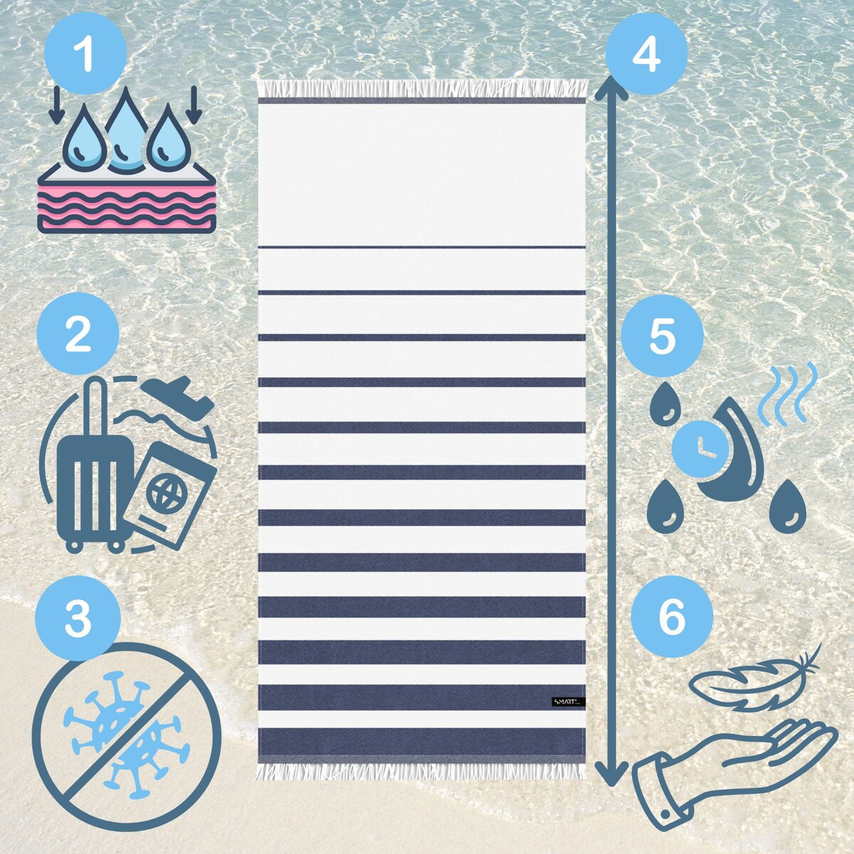 Ręcznik plażowy bambusowy 70x150 cm wzór w pasy paski biało niebieskie morski szybkoschnący z frędzlami cienki