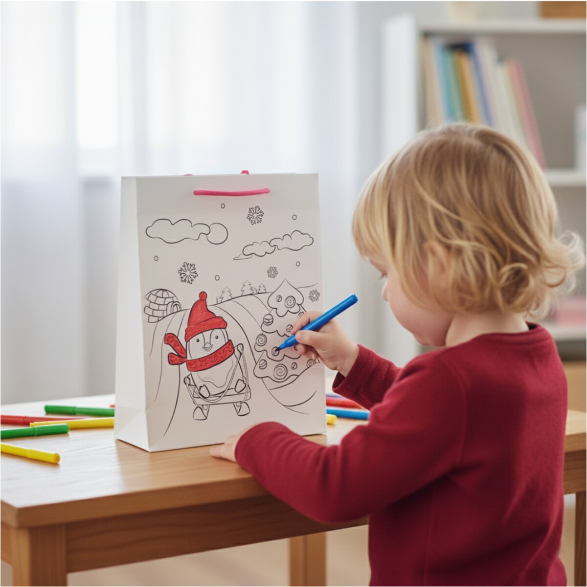 Torebka Prezentowa Na Prezent Do Kolorowania Dla Dzieci 23X18X10 Cm Pingwin Na Sankach