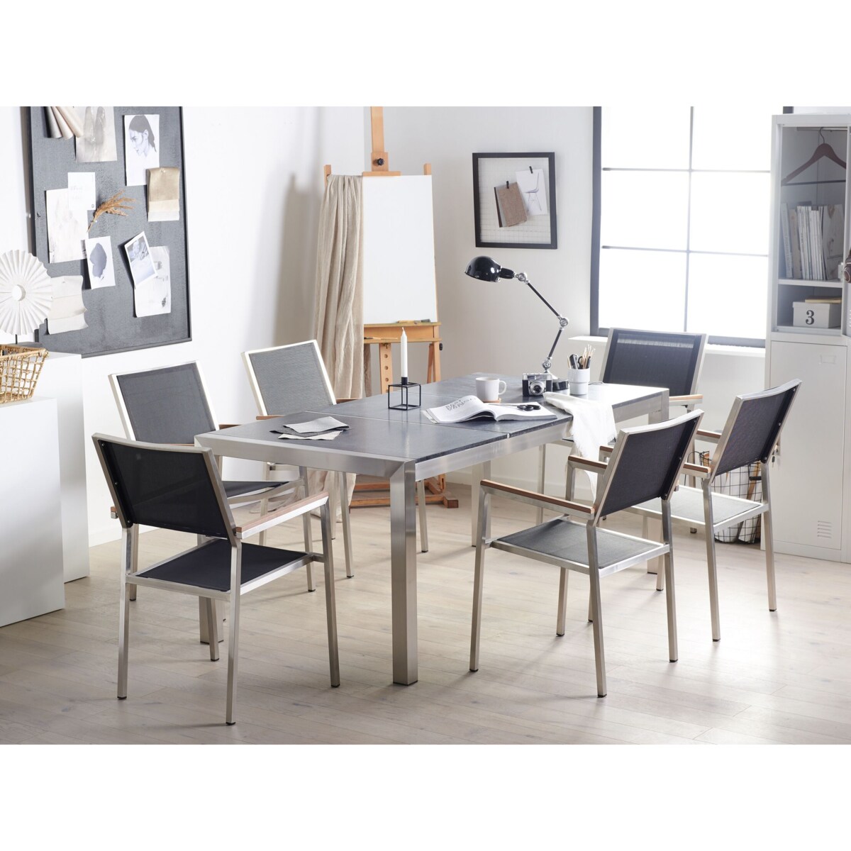 Zestaw ogrodowy stół granit palony dzielony blat czarny i 6 krzeseł czarnych GROSSETO