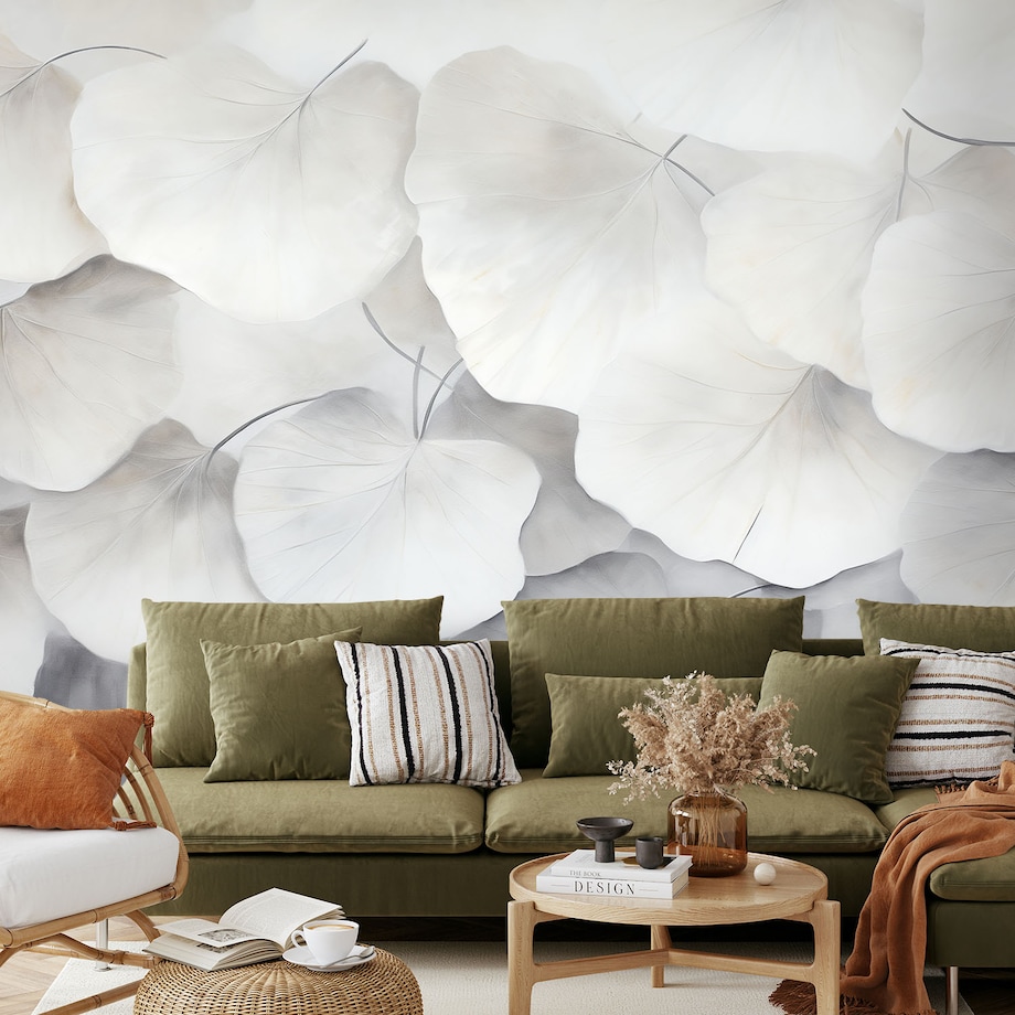 Fototapeta, Beżowe liście miłorzębu natura beton boho 350x245