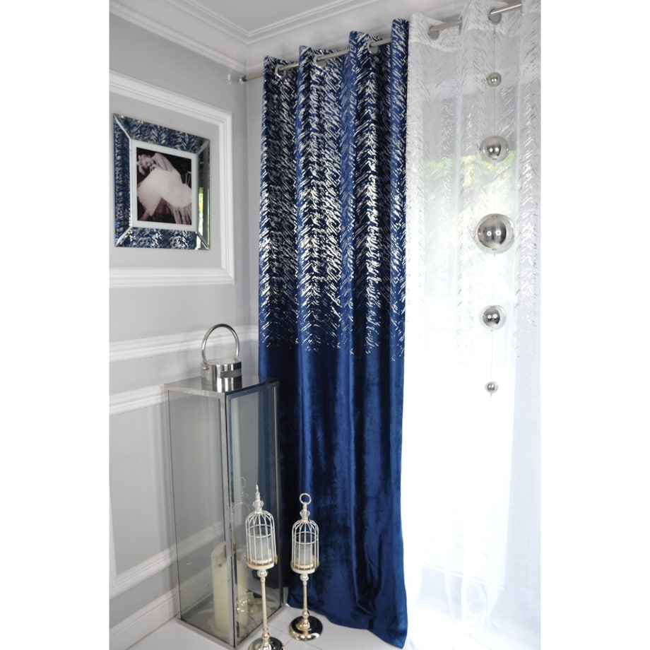 zasłona welurowa "velvet glow" srebrny print 140x250 cm granat