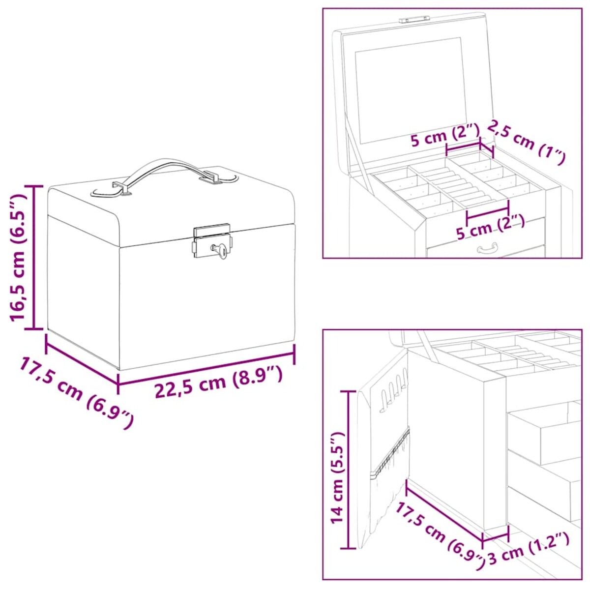 vidaXL Pudełko na biżuterię 4-warstwowe z lustrem zamykane na klucz