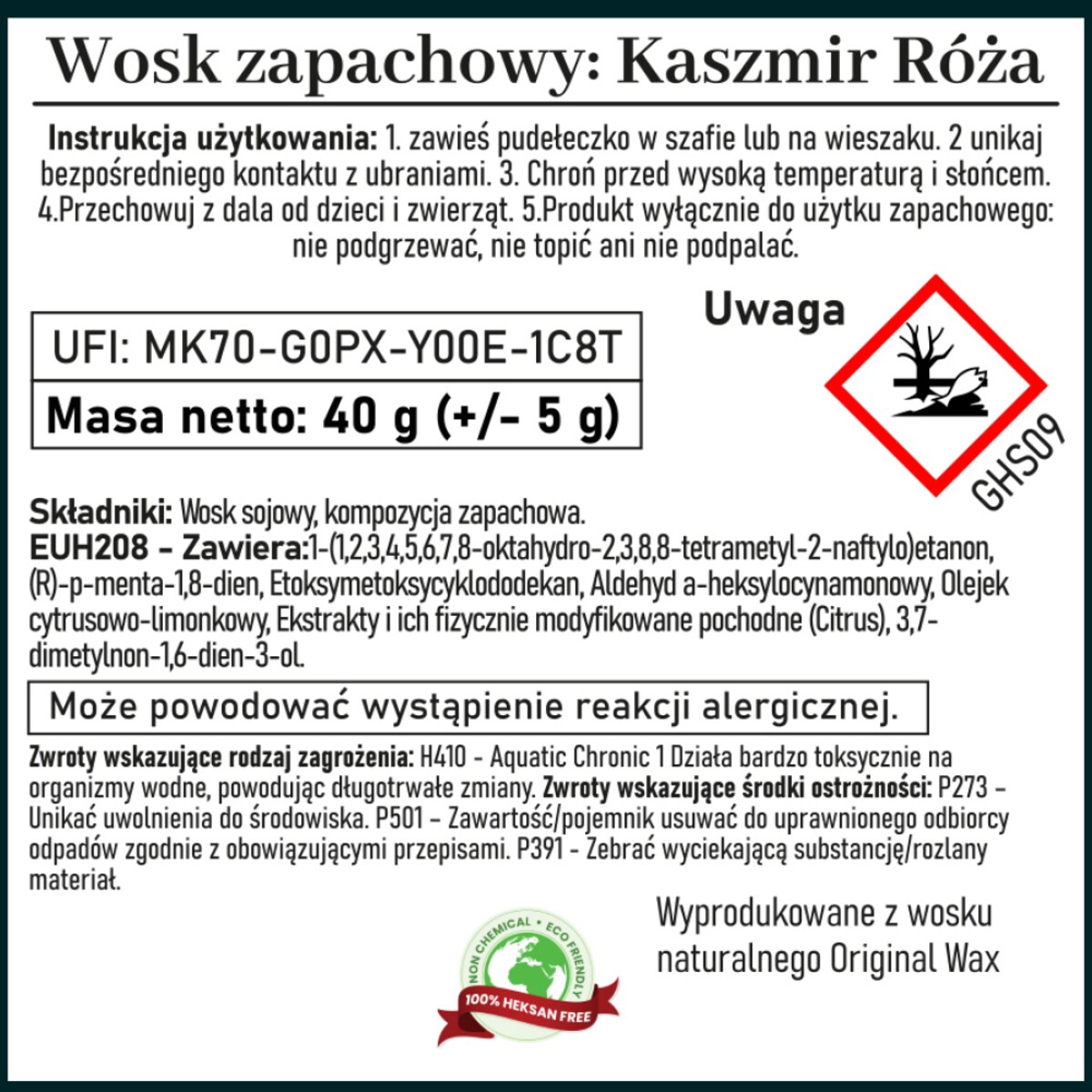 Zapachowa zawieszka do szafy wosk sojowy Kaszmir Róża