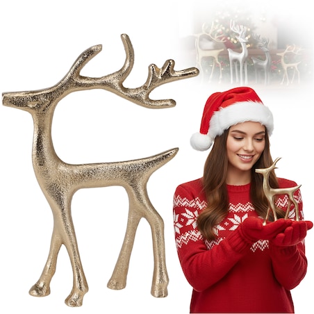 Renifer Figurka Świąteczna Stojąca Dekoracja Ozdoba Złoty 15X16 Cm