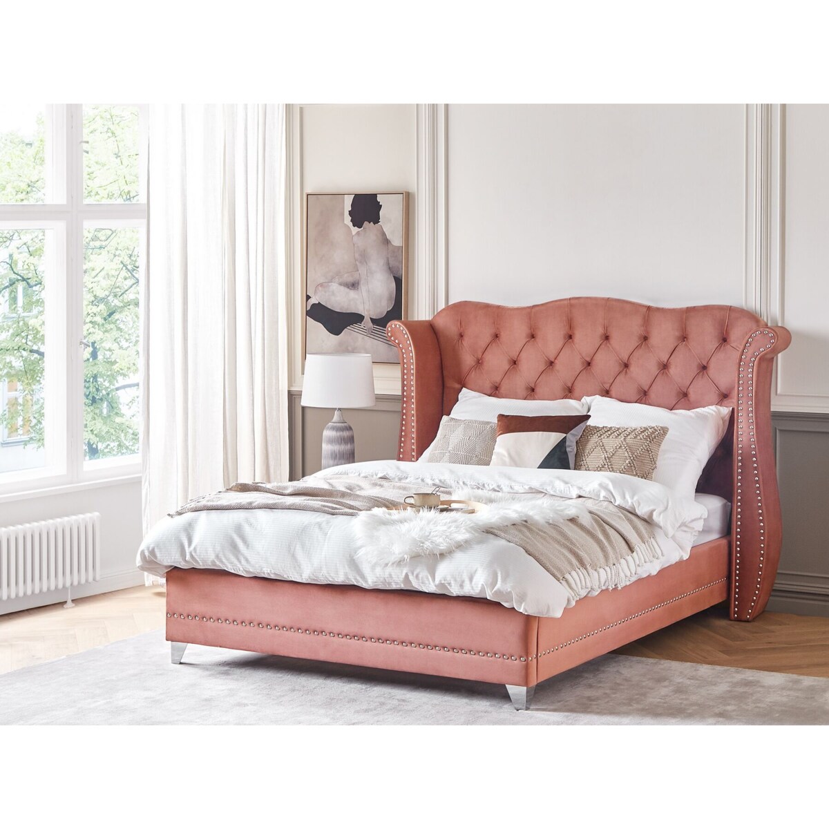 Łóżko welurowe 160 x 200 cm różowe AYETTE