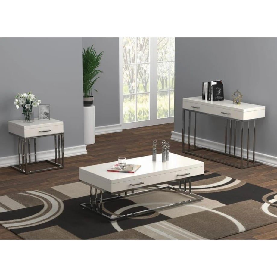 Biały srebrny stolik kawowy/ ława Biała Milano 120x70x45 / 2 pojemne szuflady