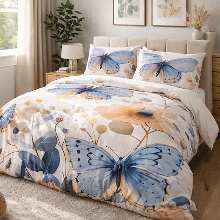 Pościel satyna bawełniana 220x200 Satynlove Premium kremowa z niebieskimi motylami