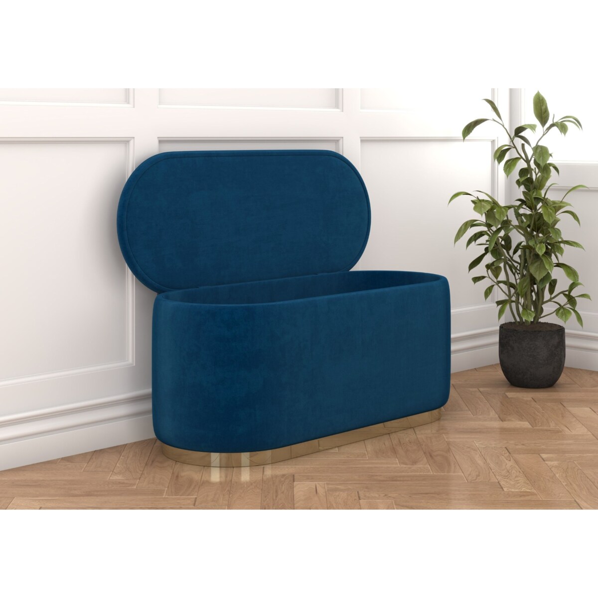 Tapicerowany owalny puf ze schowkiem Dancan SCARLETT na złotej podstawie / szer. 110 cm / granatowy