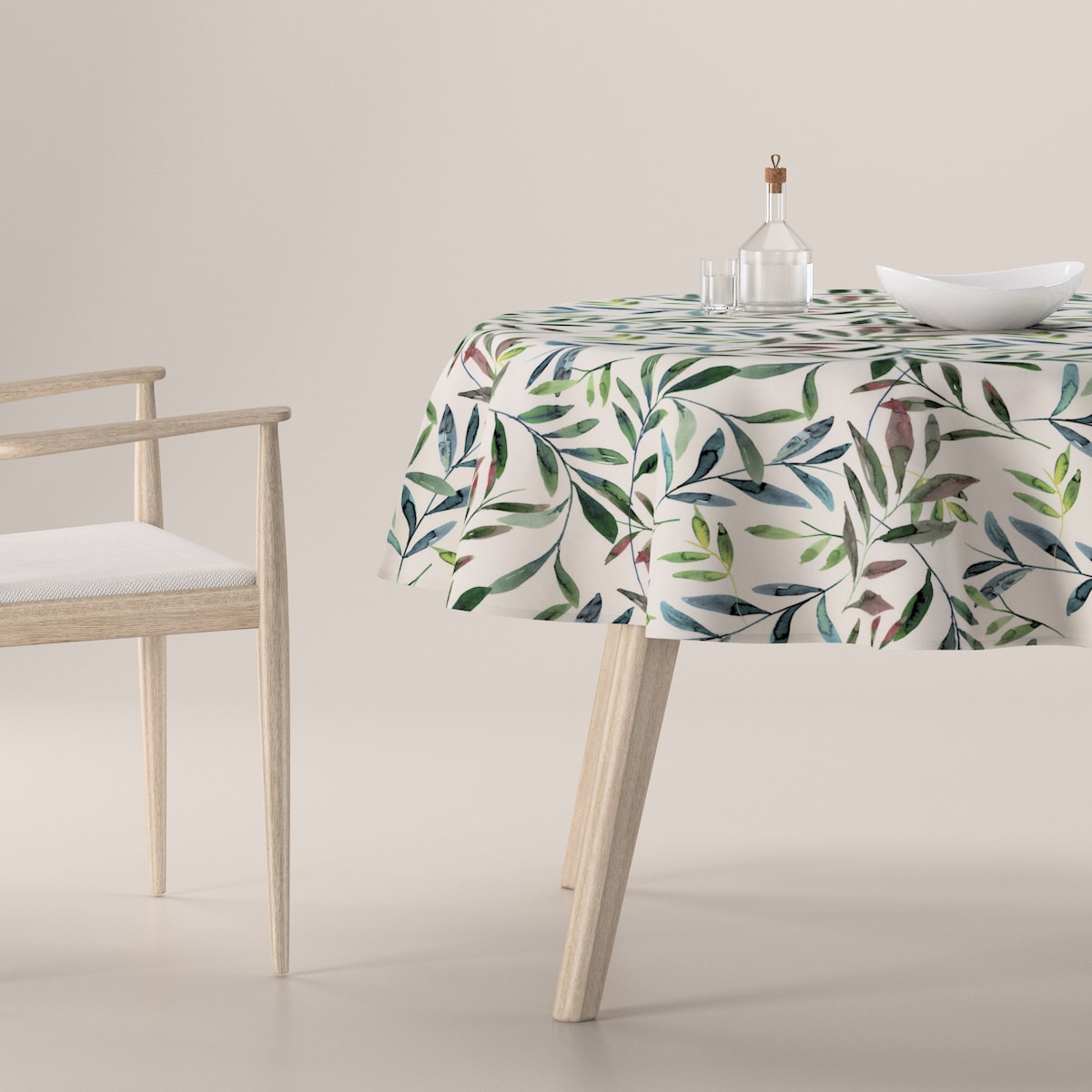 Obrus okrągły 130 x 130 cm zielone gałązki na białym tle