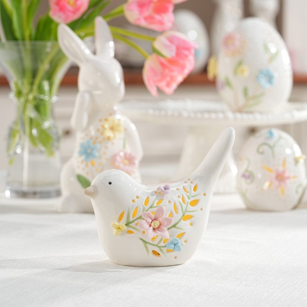 VILLA ITALIA Ptaszek porcelanowy ażurowy 12,5 cm Lampion LED LAURA