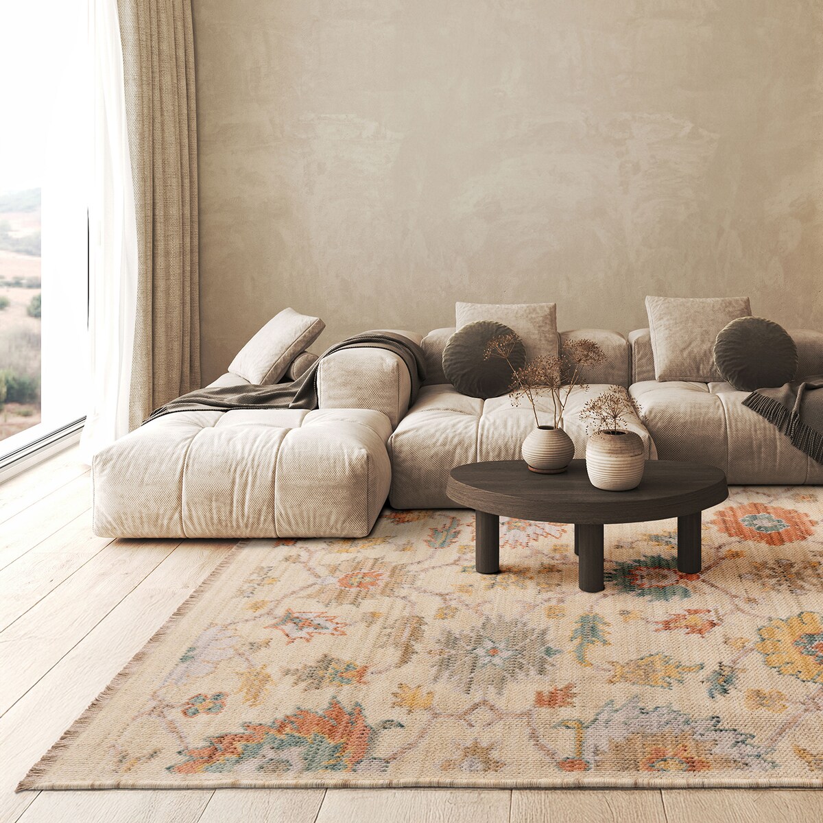 Dywan Wełniany Royal Wool 200x285 cm z frędzlami kwiaty beżowy