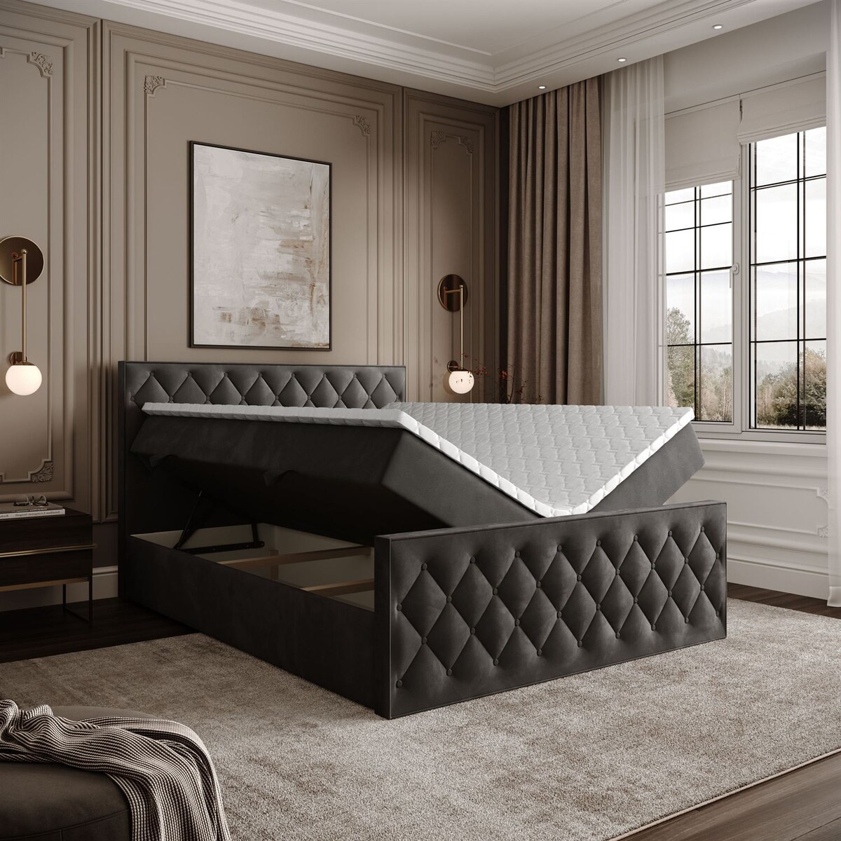 Łóżko kontynentalne INEZ II, pojemnik na pościel, 160x200, Royal Velvet 185, topper