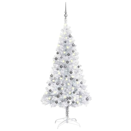 vidaXL Sztuczna choinka z lampkami i bombkami, srebrna, 120 cm, PET
