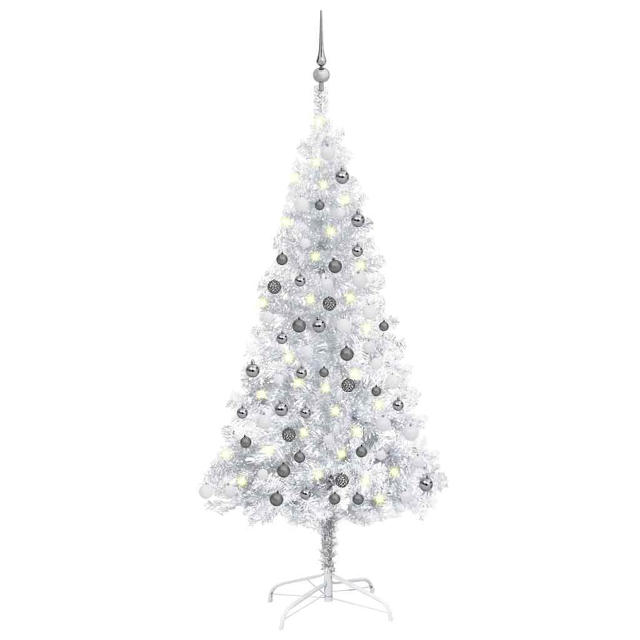 vidaXL Sztuczna choinka z lampkami i bombkami, srebrna, 120 cm, PET