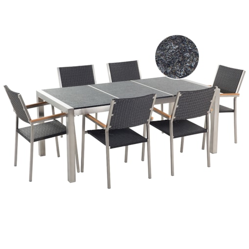 Zestaw ogrodowy stół granit palony dzielony blat czarny i 6 krzeseł rattanowych czarnych GROSSETO