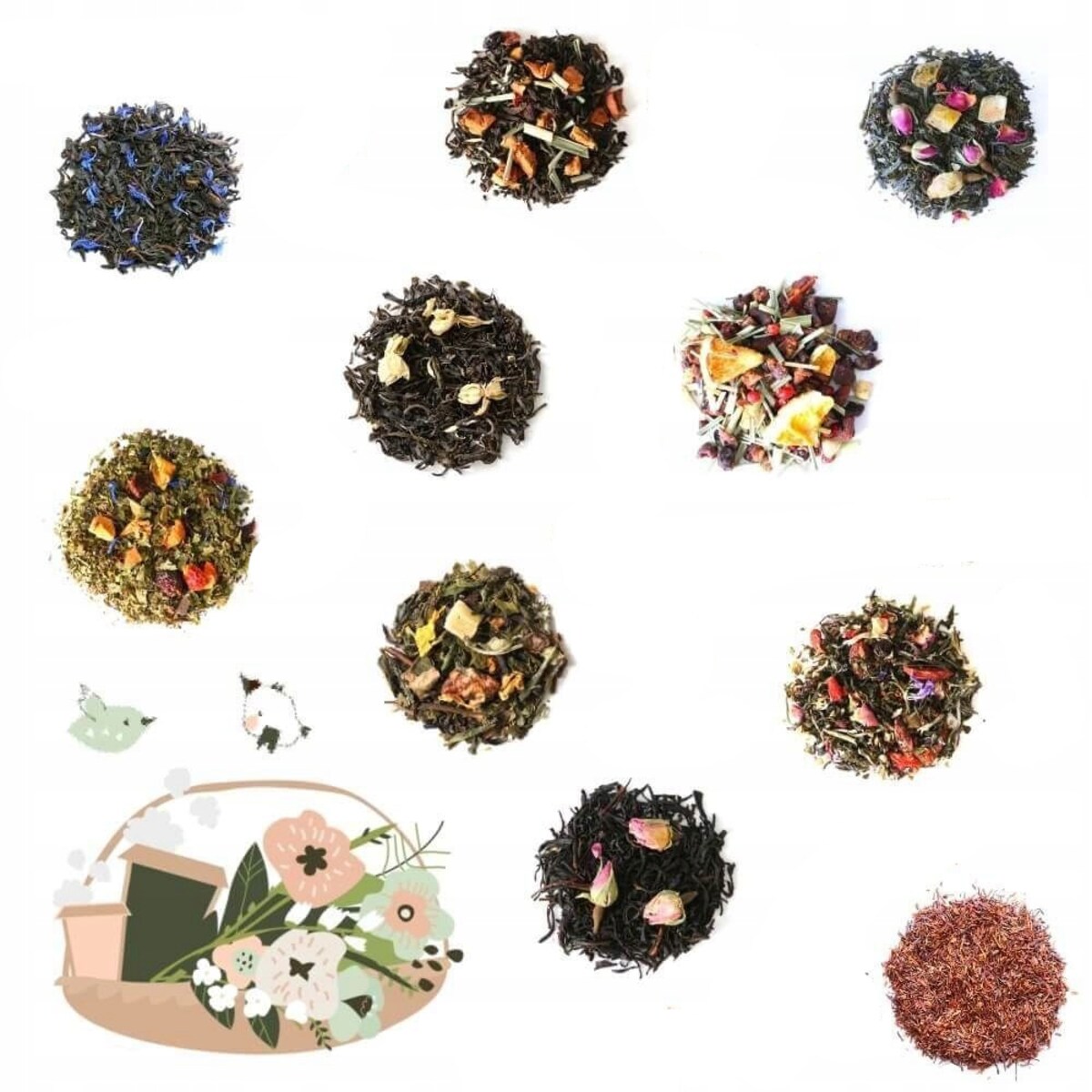 Wiosenny Box GENTLE SPRING - zestaw wiosennych herbat z zaparzaczem, biała filiżanka ze spodkiem, świeca sojowa POLE LAWENDY - na prezent upominek