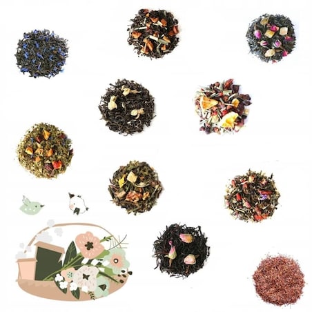 Wiosenny Box GENTLE SPRING - zestaw wiosennych herbat z zaparzaczem, biała filiżanka ze spodkiem, świeca sojowa POLE LAWENDY - na prezent upominek