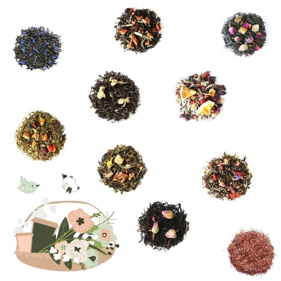 Wiosenny Box GENTLE SPRING - zestaw wiosennych herbat z zaparzaczem, biała filiżanka ze spodkiem, świeca sojowa POLE LAWENDY - na prezent upominek