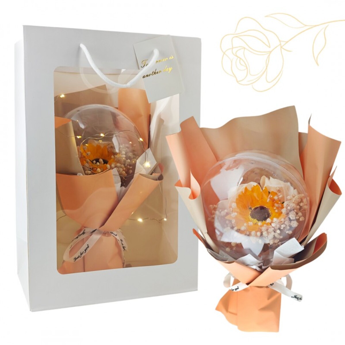 Bukiet zapachowych kwiatów mydlanych w torebce na prezent, kula, świecące LED - BUK14ZO