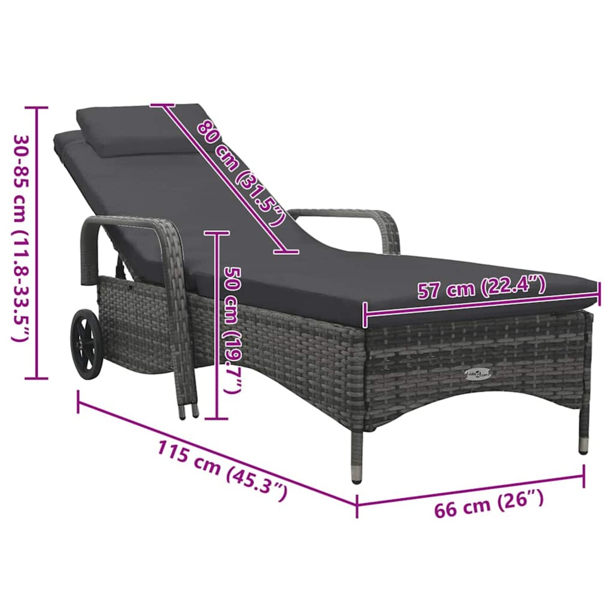 vidaXL Leżak na kółkach, polirattan, szary